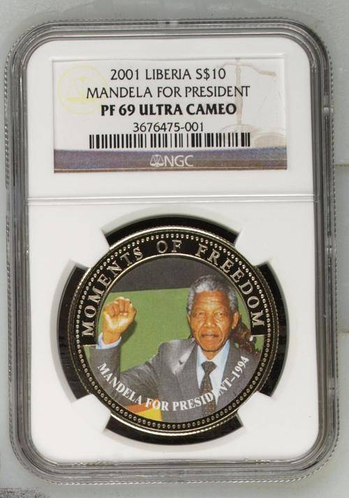 *** Finest Known *** 2001 Mandela Liberia $10 - Mandela For President - NGC Graded PF69 Ultra Cameo.
